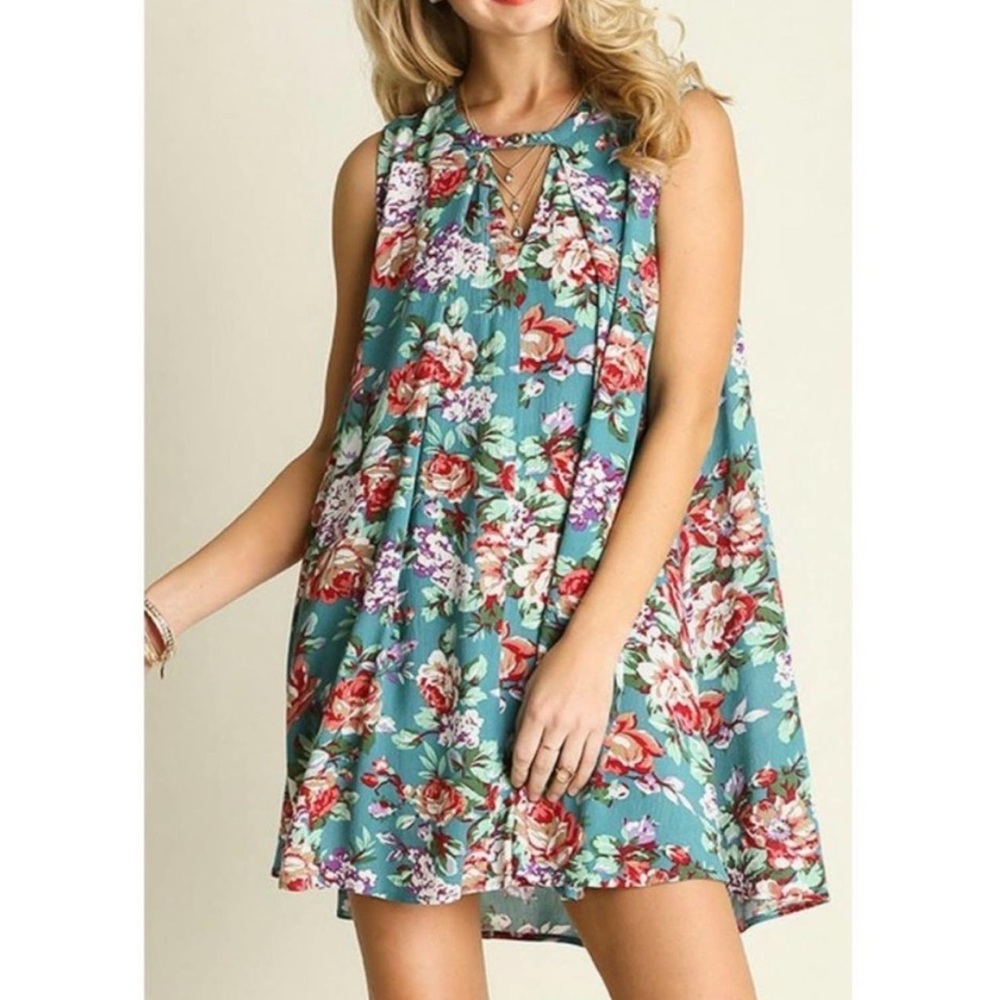 NWT Umgee Teal Blue Floral Dress Size Medium